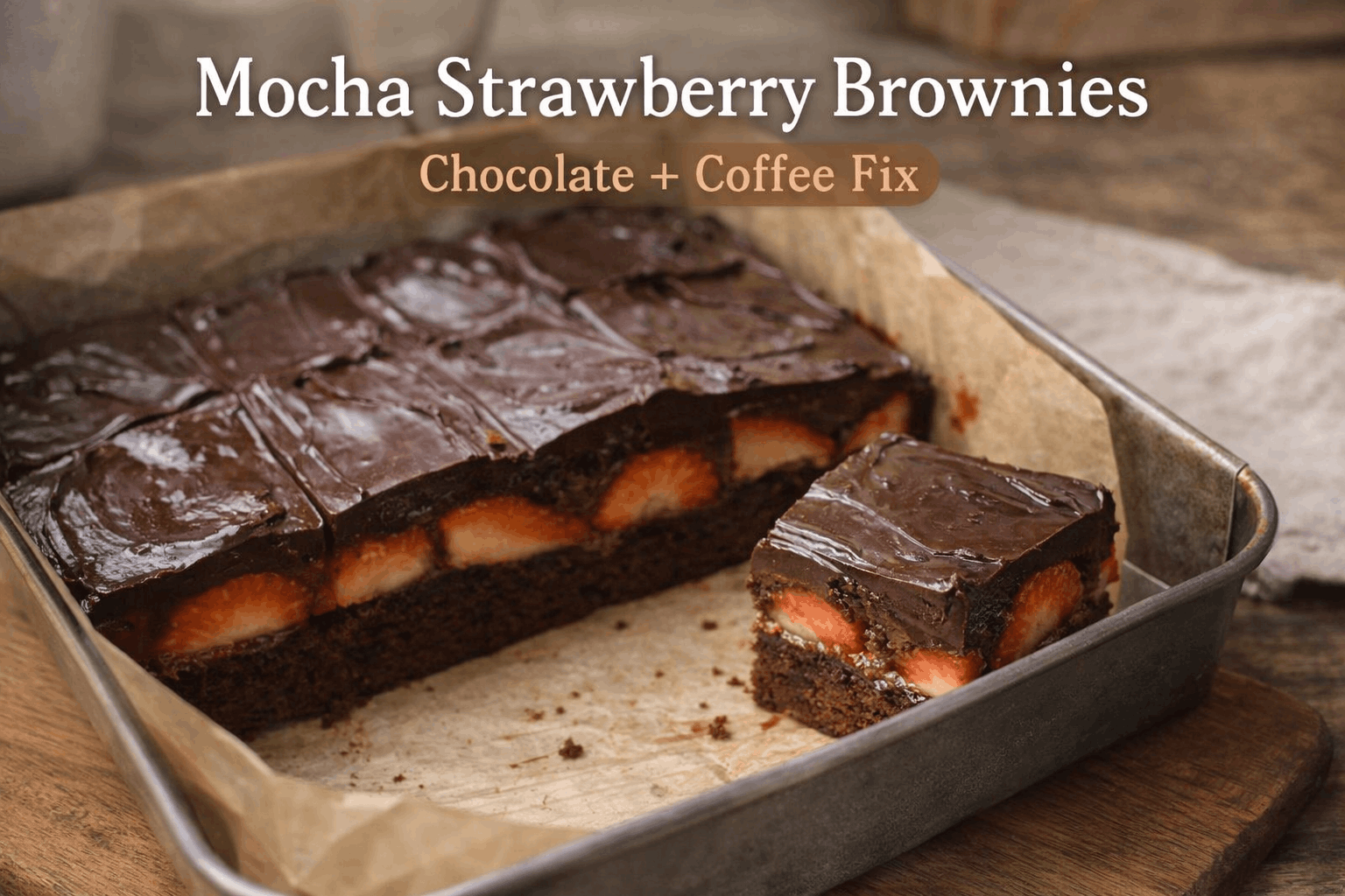 Mocha strawberry brownies in a parchment-lined metal pan with one square removed, showing layers of chocolate brownie, fresh strawberries, and glossy mocha ganache on a wooden surface.