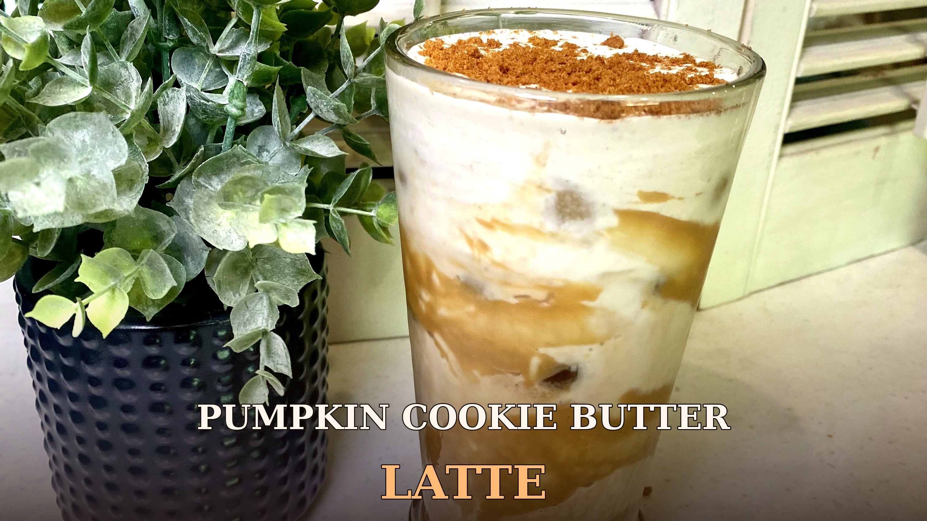 Iced pumpkin cookie butter latte with cookie crumb garnish in a glass on a kitchen counter