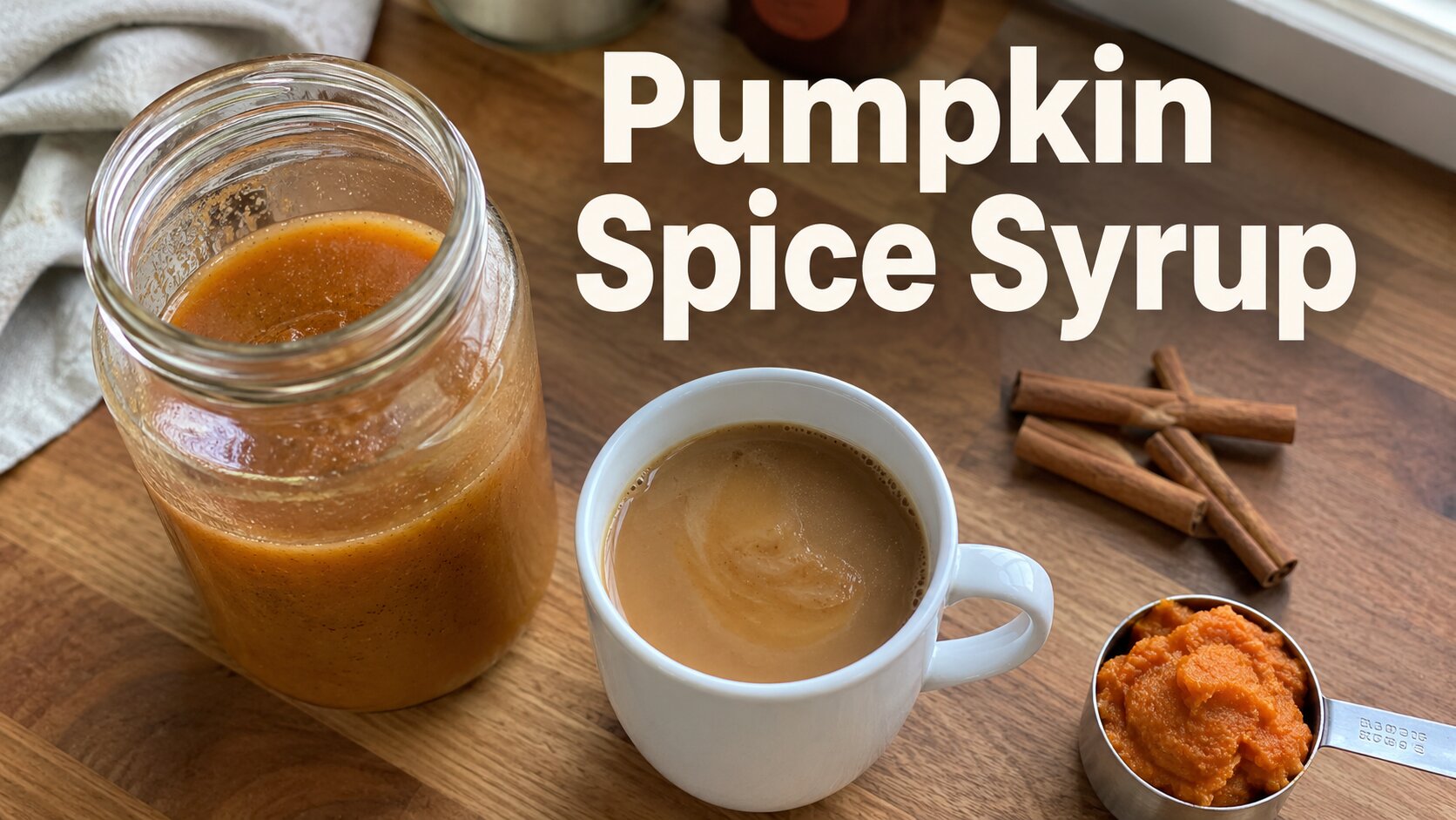 Mason jar of homemade pumpkin spice syrup and  a mug of coffee on a kitchen counter