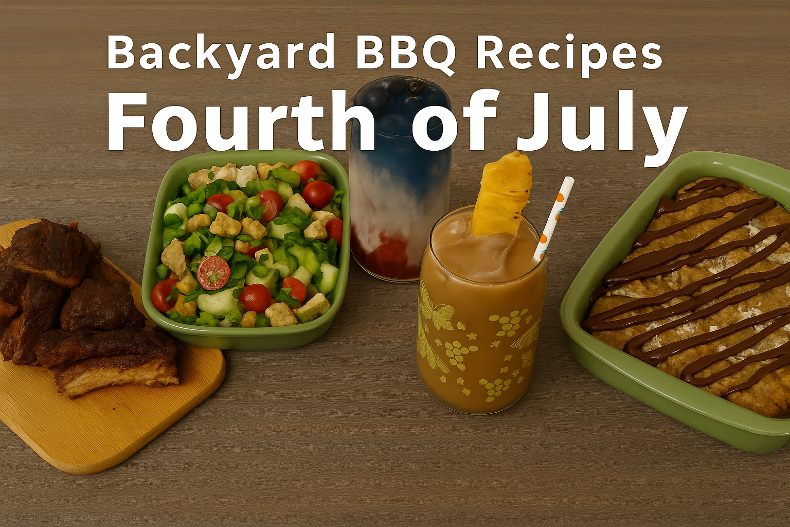 Horizontal feature image displaying a festive Fourth of July recipe lineup: coffee-glazed ribs, Panzanella salad, Red, White & Blue Tea Latte, Tiki Cold Brew Punch, and a slice of S’mores Coffee Bar. Styled on a wooden surface with patriotic decor