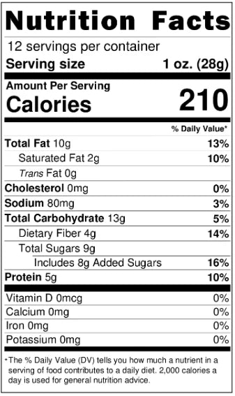 Nutrition Facts for Oatmeal Chocolate Chip Cookie 🍪 Nut Butter: 12 servings per container, 1 oz serving, 210 calories, 10g fat, 0mg cholesterol, 80mg sodium, 14g carbs, 8g added sugars, and 5g protein. Gluten-free.