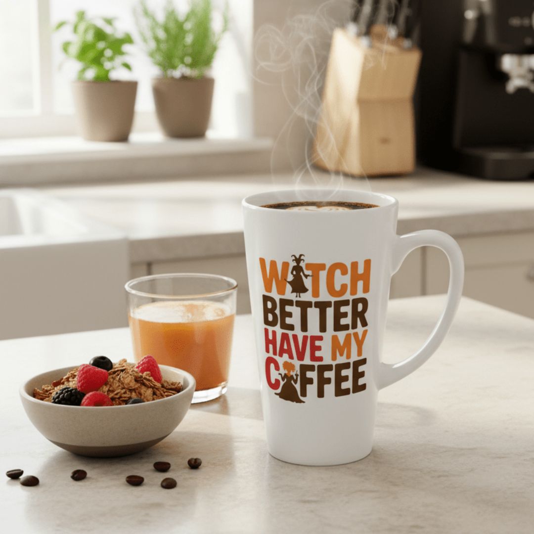 A 17 oz Witch Better Have My Coffee Mug – Limited Edition Fall Release sits on a kitchen counter beside juice, granola with berries, and coffee beans. Steam rises from the ceramic latte mug.