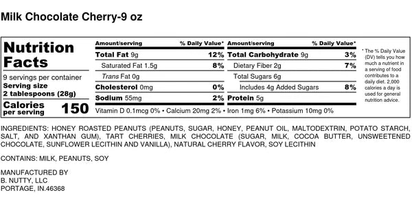 Nutrition label for Milk Chocolate Cherry Peanut Butter 🍒 – Fruity, Chocolatey, and Sinfully Smooth (9 oz): 150 calories per 2-tbsp serving. Ingredients: honey roasted peanuts, sugar, tart/dark cherries, milk chocolate, soy. Contains milk, peanuts & soy.
