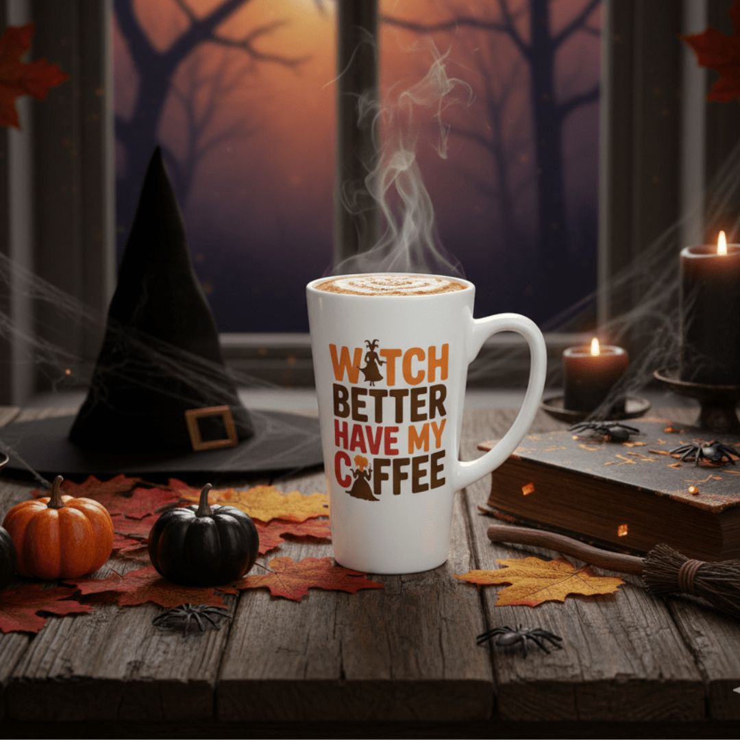 The limited edition 17 oz Witch Better Have My Coffee Mug sits on a wooden table with pumpkins, autumn leaves, candles, a witch hat, and spider webs; a spooky forest is visible through the window.