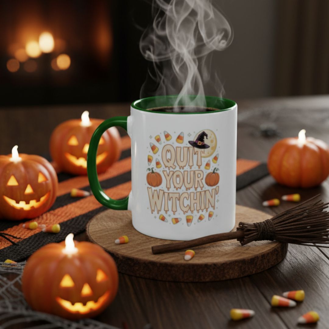 The 🖤 Quit Your Witchin’ Mug – Funny Halloween Coffee Mug sits among pumpkins, candy corn, and a broomstick on a festive table by the fire—perfect as a spooky season gift.