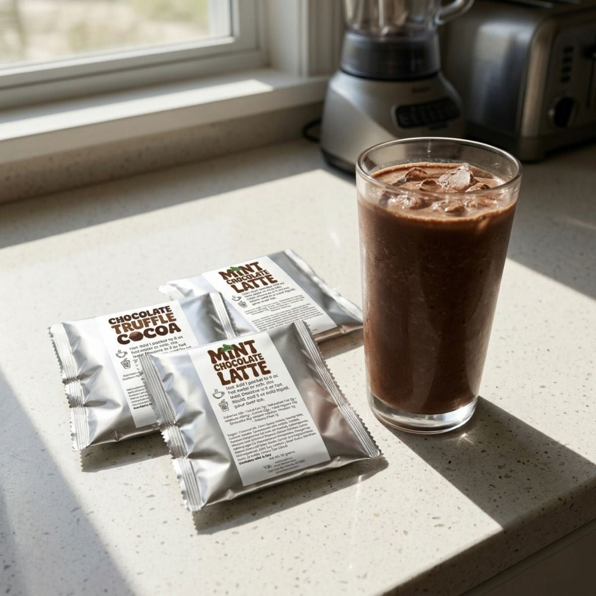 A tall glass of blended mocha frappe on a kitchen counter beside Java Momma drink mix packets, with a blender visible in the background.