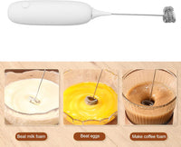 Thumbnail for The Handheld Frother – Whip It Real Good ☕⚡ with a metal frothing head is shown above three images showcasing its uses: whipping milk foam, beating eggs, and making coffee foam.