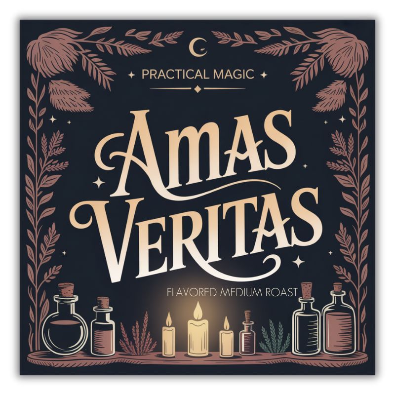 Book cover with 'Amas Veritas' text and decorative elements on a dark background