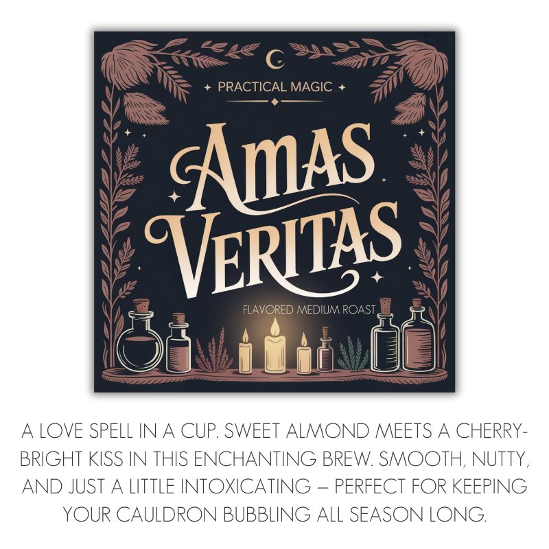 An illustrated label for Momma’s Picks Monthly Coffee Box – 3 Exclusive Flavored Coffees features “Practical Magic, Amas Veritas, Flavored Medium Roast” amid leaves, potion bottles, and candles—described as a sweet, nutty blend for cozy moments.