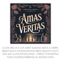 Thumbnail for An illustrated label for Momma’s Picks Monthly Coffee Box – 3 Exclusive Flavored Coffees features “Practical Magic, Amas Veritas, Flavored Medium Roast” amid leaves, potion bottles, and candles—described as a sweet, nutty blend for cozy moments.