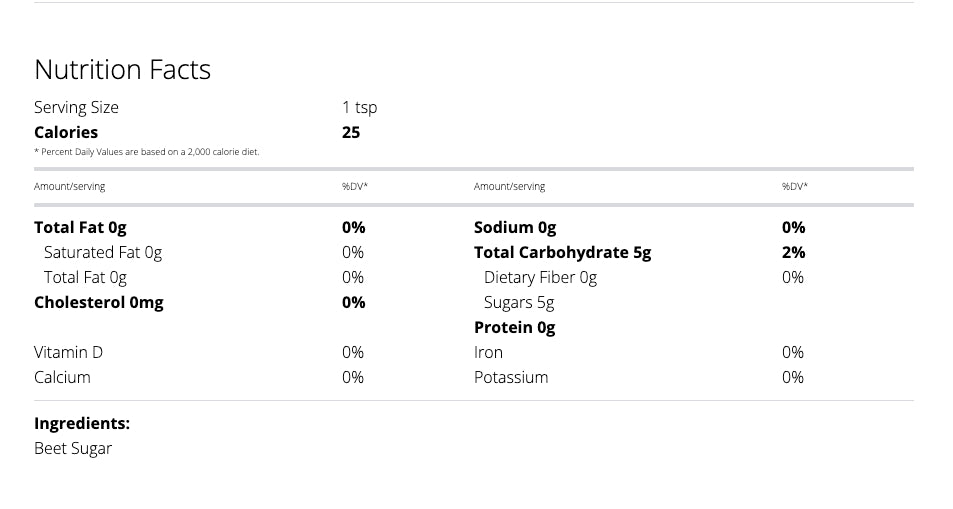 Nutrition facts label for Amber Sugar Crystals: 25 calories per 1 tsp serving, 0g fat, 0mg cholesterol, 0mg sodium, 5g carbs (2% DV), 5g sugars, and 0g protein. Commonly used as a tea sweetener.
