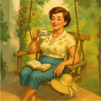 Thumbnail for A smiling woman in retro clothing relaxes on a wooden swing, savoring Petal to the Metal Flavored Coffee—silky French Vanilla with a floral twist—in her Java Momma mug, surrounded by lush greenery and blooming flowers.