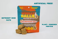 Thumbnail for A pack of Maple Peanut Butter Chocolate Chip Wholly Balls stands upright, with three protein-packed bites in front. Text highlights ARTIFICIAL FREE!, NUTRIENT RICH FATS, and PLANT-POWERED PROTEIN—a perfect plant-based breakfast.