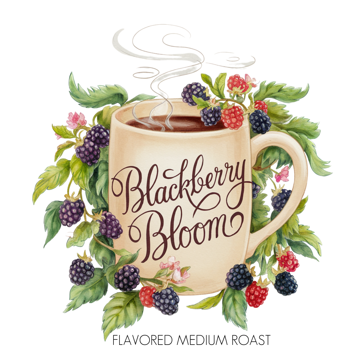 A beige mug with “Blackberry Bloom” and blackberry vines brimming with berries. Steam rises from the mug. Below: “☕ Blackberry Bloom Flavored Coffee – Juicy, Sweet & Cozy as Fresh-Baked Cobbler.”.
