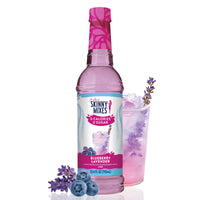 Thumbnail for A bottle of Blueberry Lavender Skinny Syrup – Sweet. Soothing. Sophisticated. 💜🍇✨ is shown beside a glass of pink blueberry lavender drink with ice, garnished with lavender sprigs and blueberries, with extra blueberries and flowers in front.