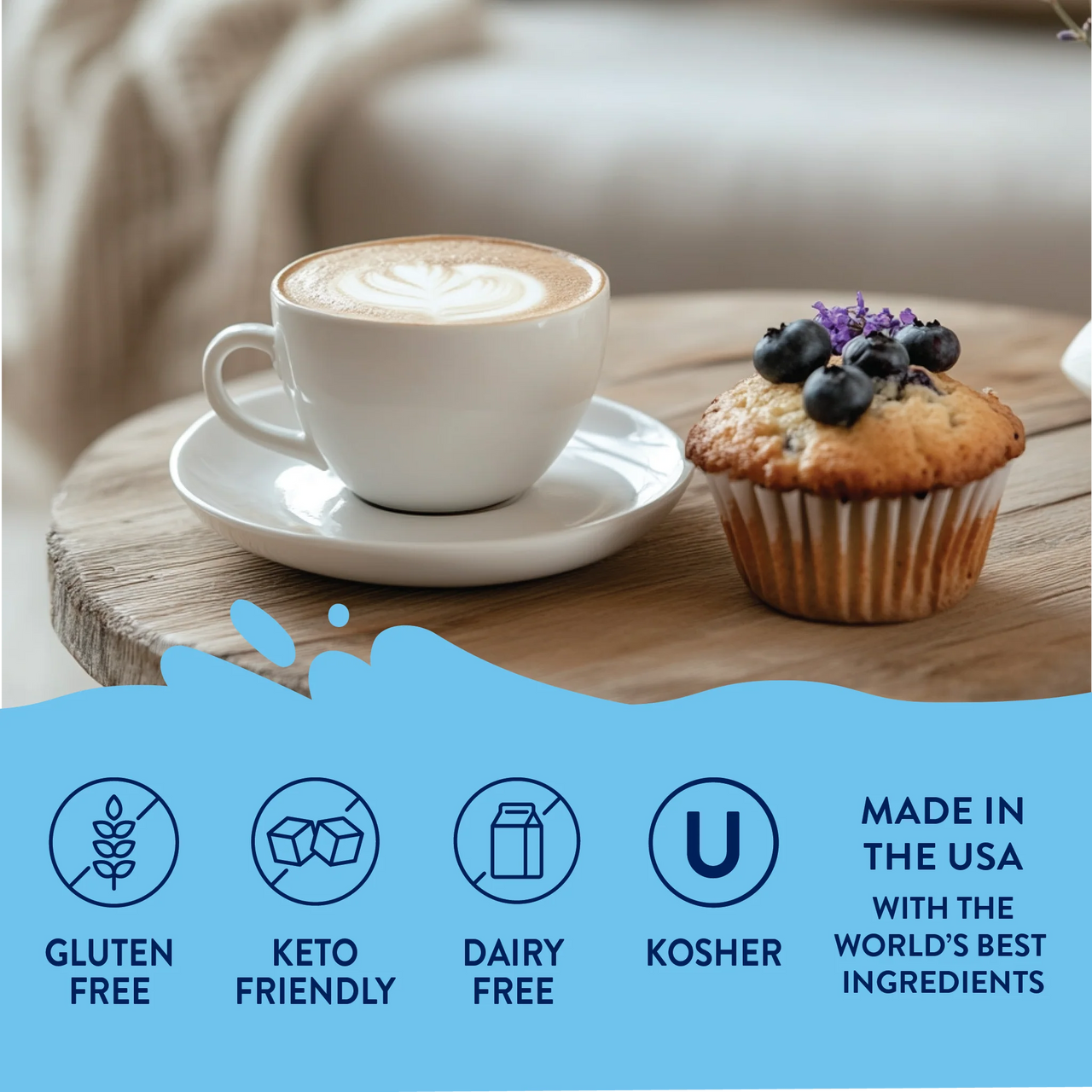 A cup of cappuccino and a blueberry muffin sit on a wooden table, made extra special with Blueberry Lavender Skinny Syrup—sweet, soothing, sophisticated, and sugar-free. Icons show it’s gluten free, keto friendly, dairy free, kosher, and made in the USA.