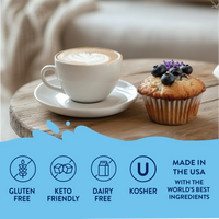 Thumbnail for A cup of cappuccino and a blueberry muffin sit on a wooden table, made extra special with Blueberry Lavender Skinny Syrup—sweet, soothing, sophisticated, and sugar-free. Icons show it’s gluten free, keto friendly, dairy free, kosher, and made in the USA.