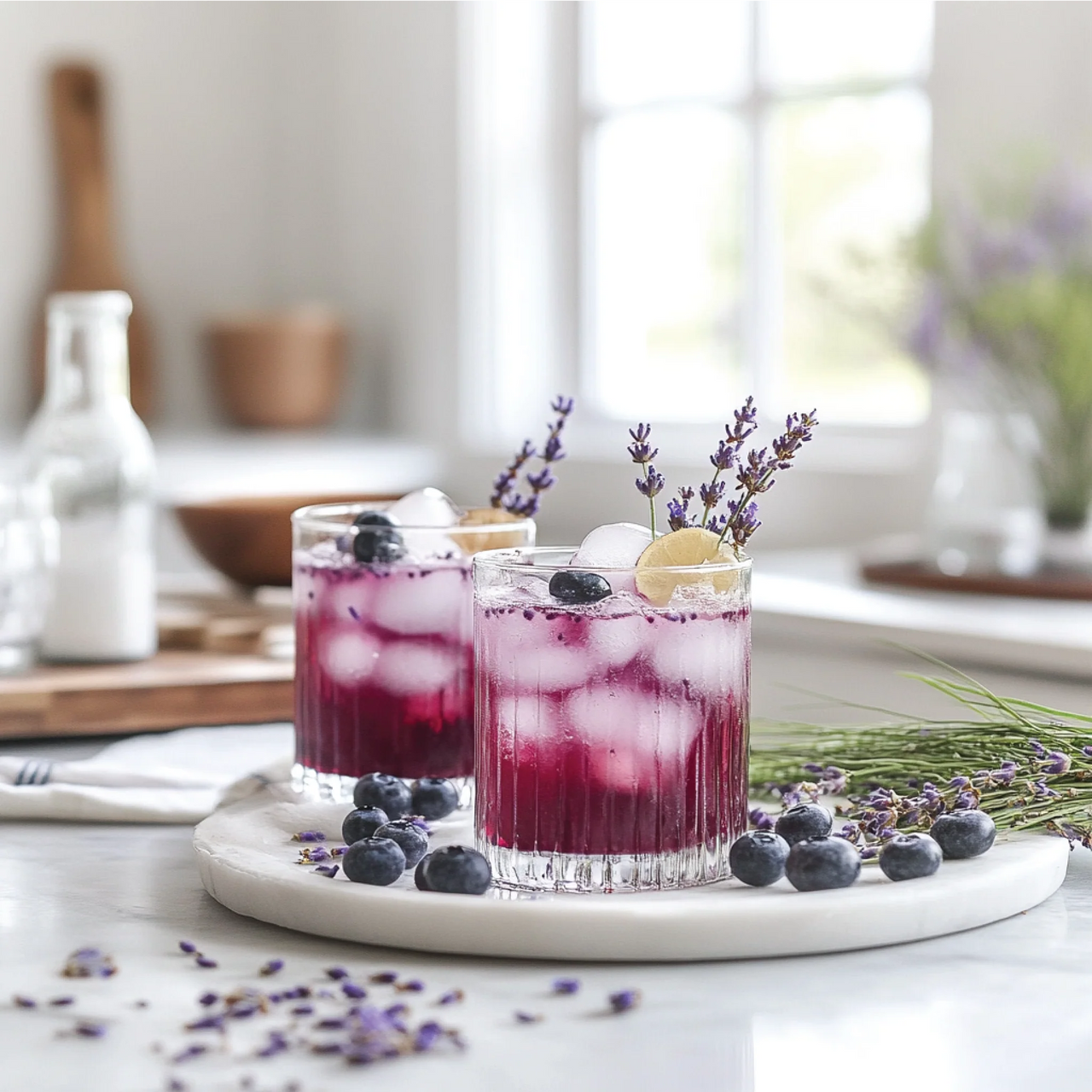 Two glasses of iced blueberry and lavender drinks, made with Blueberry Lavender Skinny Syrup – Sweet. Soothing. Sophisticated. 💜🍇✨, are garnished with lemon slices, blueberries, and lavender on a marble tray surrounded by fresh berries and flowers.