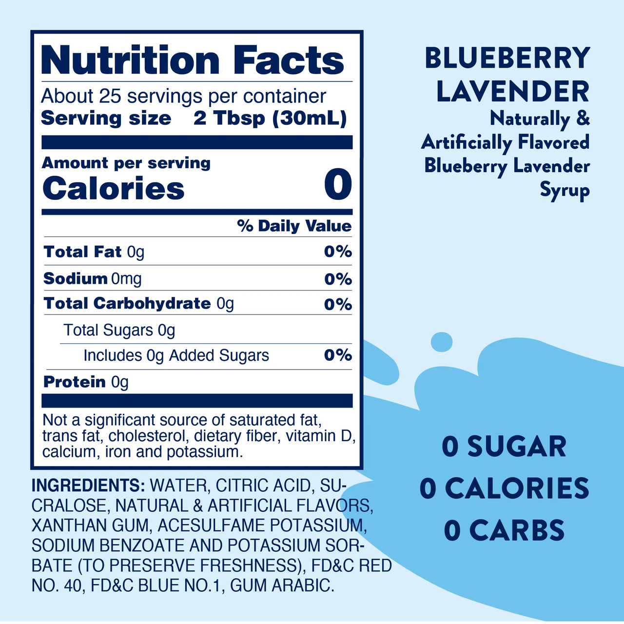 Nutrition Facts label for Blueberry Lavender Skinny Syrup – Sweet. Soothing. Sophisticated. 💜🍇✨ shows 0 calories, 0 sugar, and 0 carbs per serving on a blue background with water drop graphics. Keto-friendly syrup; ingredients and description included.