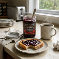 Thumbnail for Jar of Bramble & Blossom jam on a plate with toast, next to a cup of coffee on a kitchen counter.