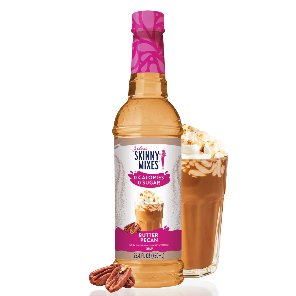 A bottle of Butter Pecan Skinny Syrup – Warm, Nutty, Southern-Inspired Indulgence 🧈🌰✨ sits before an iced coffee with whipped cream and caramel drizzle, pecans at the base—a delicious zero-calorie syrup for guilt-free sweet treats.
