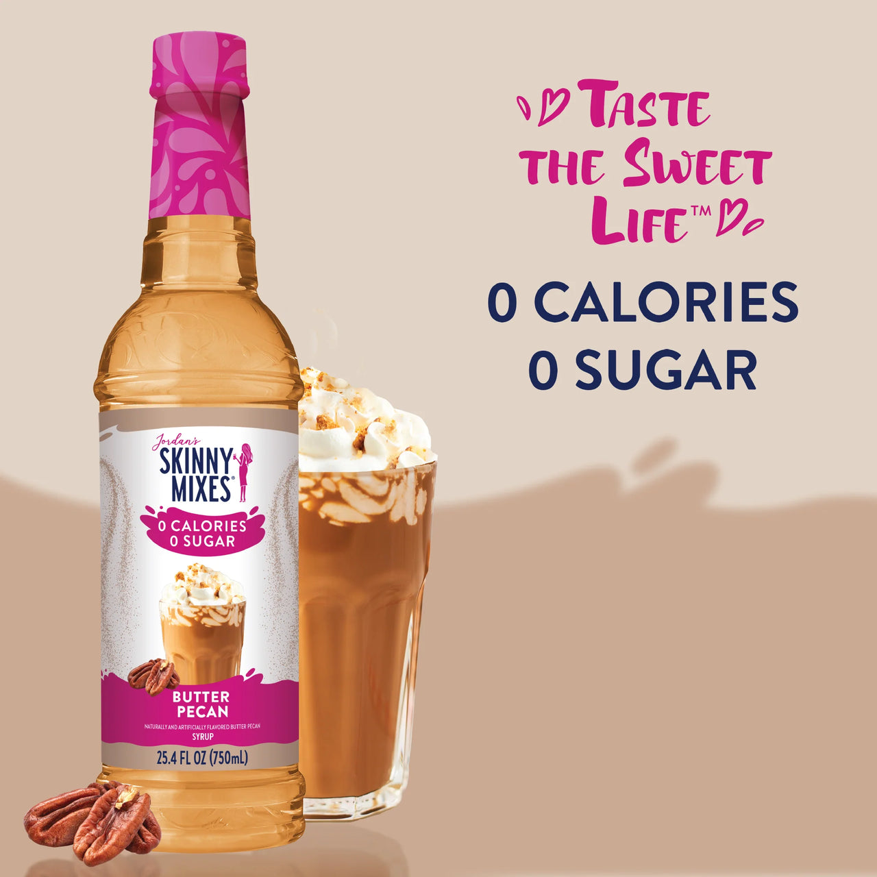A bottle of Butter Pecan Skinny Syrup – Warm, Nutty, Southern-Inspired Indulgence 🧈🌰✨ sits beside an iced coffee with whipped cream and pecans. Text reads: “Taste the Sweet Life—0 Calories 0 Sugar” on a beige background.