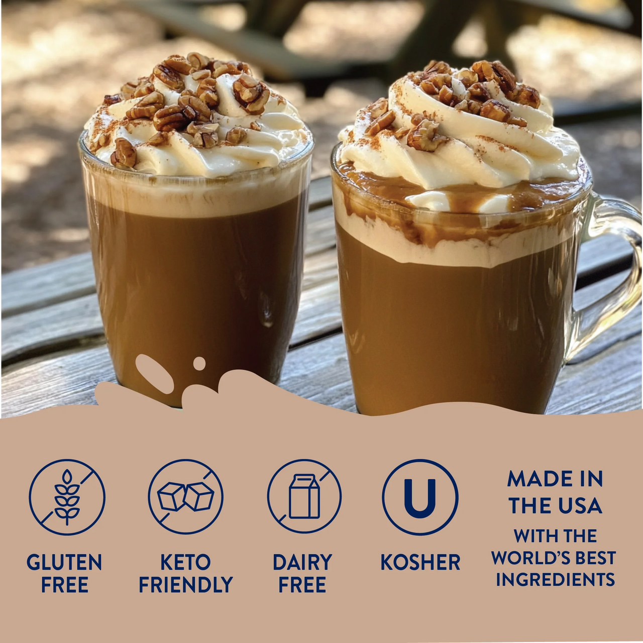 Two glass mugs of coffee with whipped cream and nuts sit on a picnic table, sweetened with Butter Pecan Skinny Syrup – Warm, Nutty, Southern-Inspired Indulgence 🧈🌰✨. Gluten free, keto friendly, dairy free, kosher, and made in the USA.