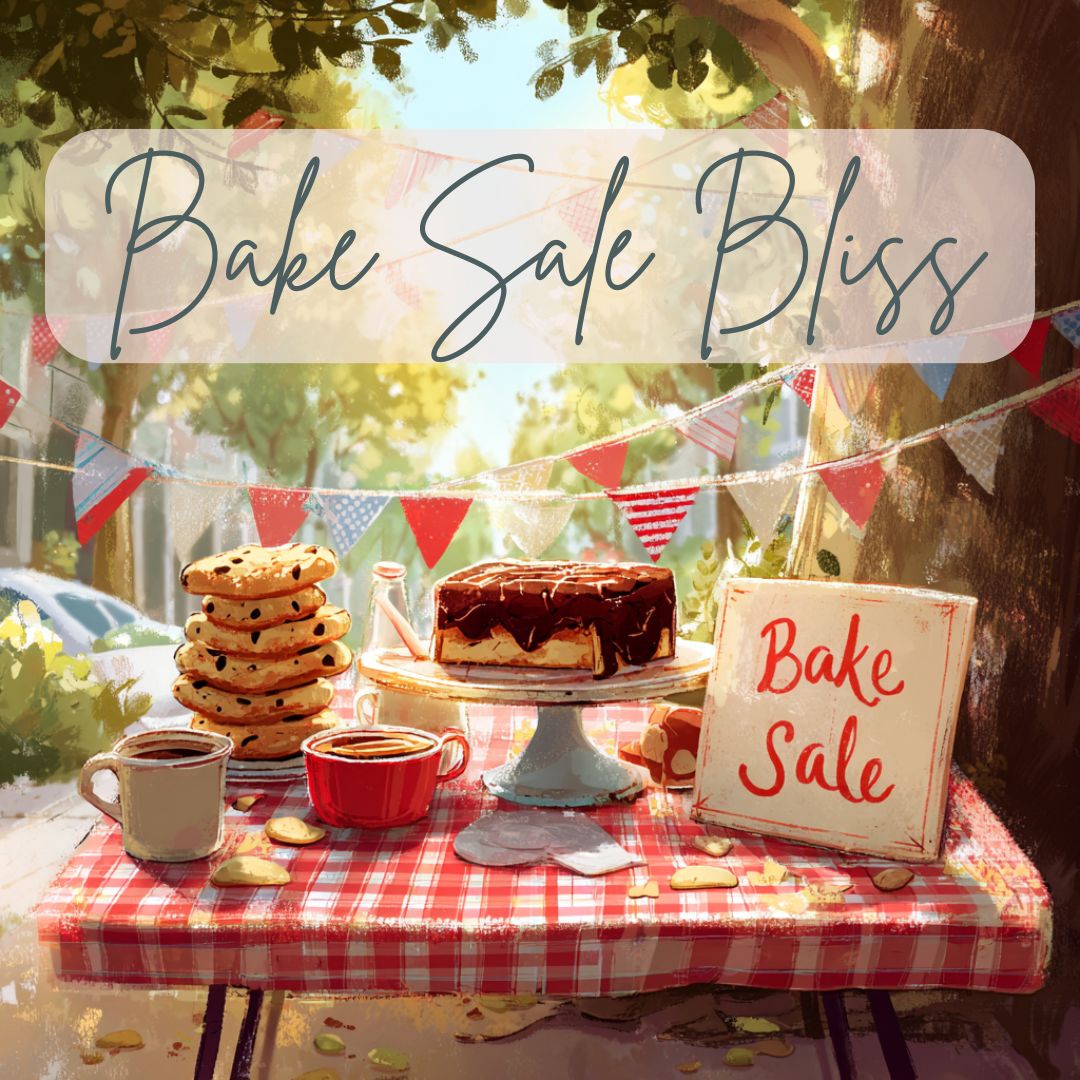 An outdoor bake sale table topped with cookies, cake, and mugs of Bake Sale Bliss – Flavored Coffee with Chocolate & Caramel sits under festive bunting. Sunlight filters through trees. A sign reads Bake Sale and text reads Bake Sale Bliss.