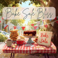 Thumbnail for An outdoor bake sale table topped with cookies, cake, and mugs of Bake Sale Bliss – Flavored Coffee with Chocolate & Caramel sits under festive bunting. Sunlight filters through trees. A sign reads Bake Sale and text reads Bake Sale Bliss.