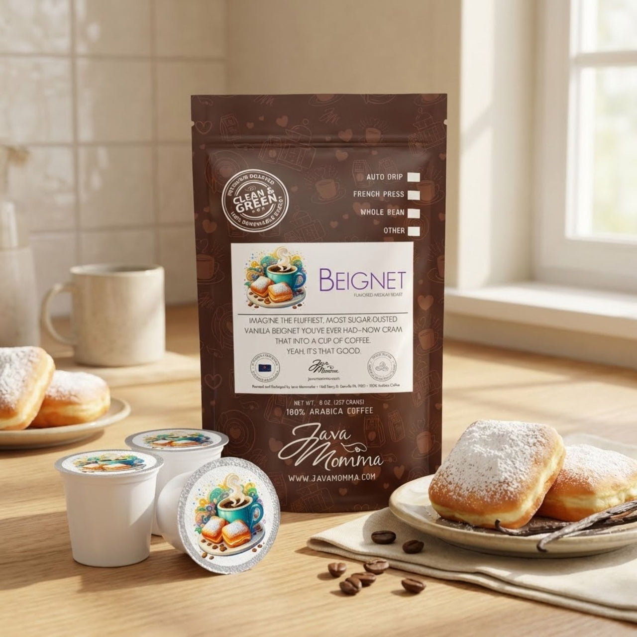 Bag of Beignet coffee on a kitchen counter with white ceramic mugs.