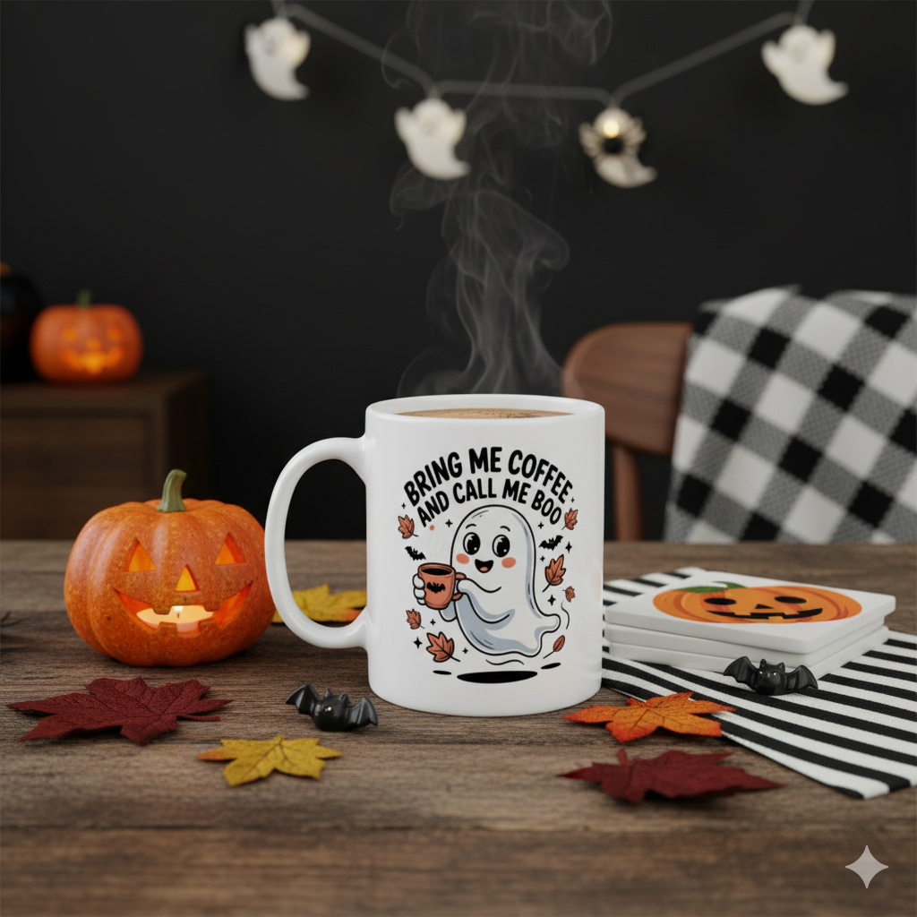 Cute Halloween-themed mug with ghost design and text, surrounded by pumpkins and leaves on a table.