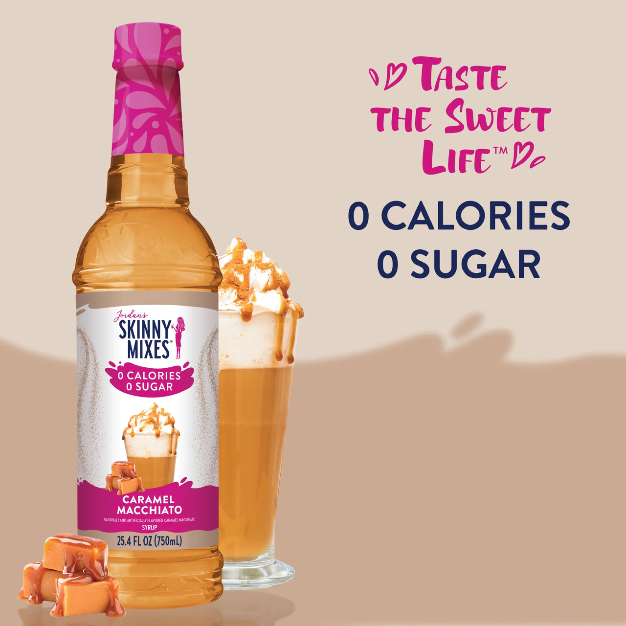 A bottle of Caramel Macchiato Skinny Syrup – Barista Bliss in a Bottle ☕🍮✨ sits beside a sugar-free caramel macchiato topped with whipped cream and caramel drizzle. Text: Taste the Sweet Life. Zero Calorie, 0 Sugar.
