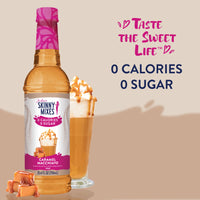 Thumbnail for A bottle of Caramel Macchiato Skinny Syrup – Barista Bliss in a Bottle ☕🍮✨ sits beside a sugar-free caramel macchiato topped with whipped cream and caramel drizzle. Text: Taste the Sweet Life. Zero Calorie, 0 Sugar.