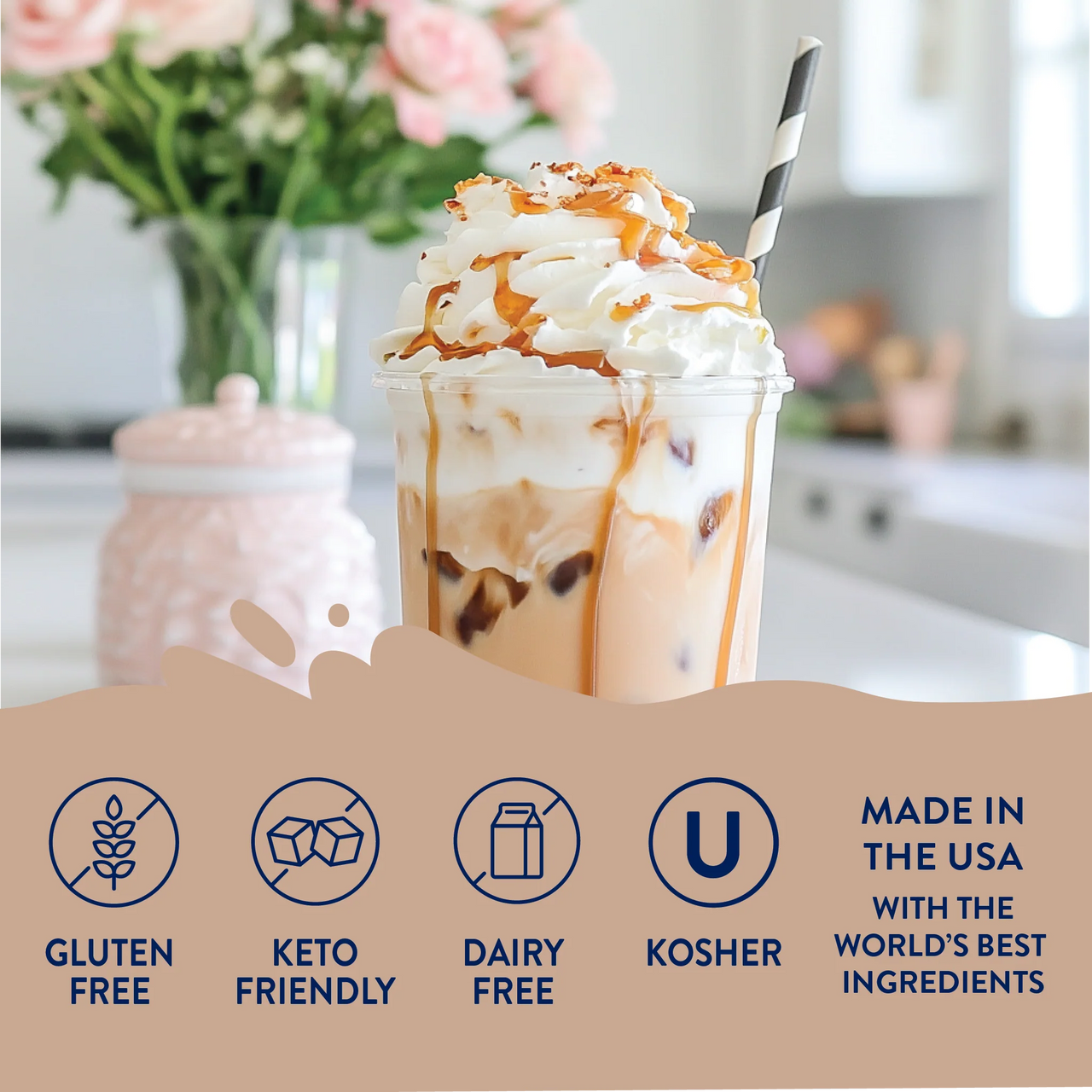 A glass of iced coffee with whipped cream and Caramel Macchiato Skinny Syrup – Barista Bliss in a Bottle ☕🍮✨ rests on the counter. Icons show it’s gluten free, keto friendly, dairy free, kosher, and made in the USA with premium ingredients.