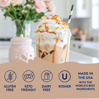 Thumbnail for A glass of iced coffee with whipped cream and Caramel Macchiato Skinny Syrup – Barista Bliss in a Bottle ☕🍮✨ rests on the counter. Icons show it’s gluten free, keto friendly, dairy free, kosher, and made in the USA with premium ingredients.