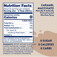Thumbnail for The Caramel Macchiato Skinny Syrup – Barista Bliss in a Bottle ☕🍮✨ contains 0 calories, 0 sugar, and 0 carbs per 2 Tbsp serving. Ingredients: water, sucralose, natural & artificial flavors, salt, and preservatives.