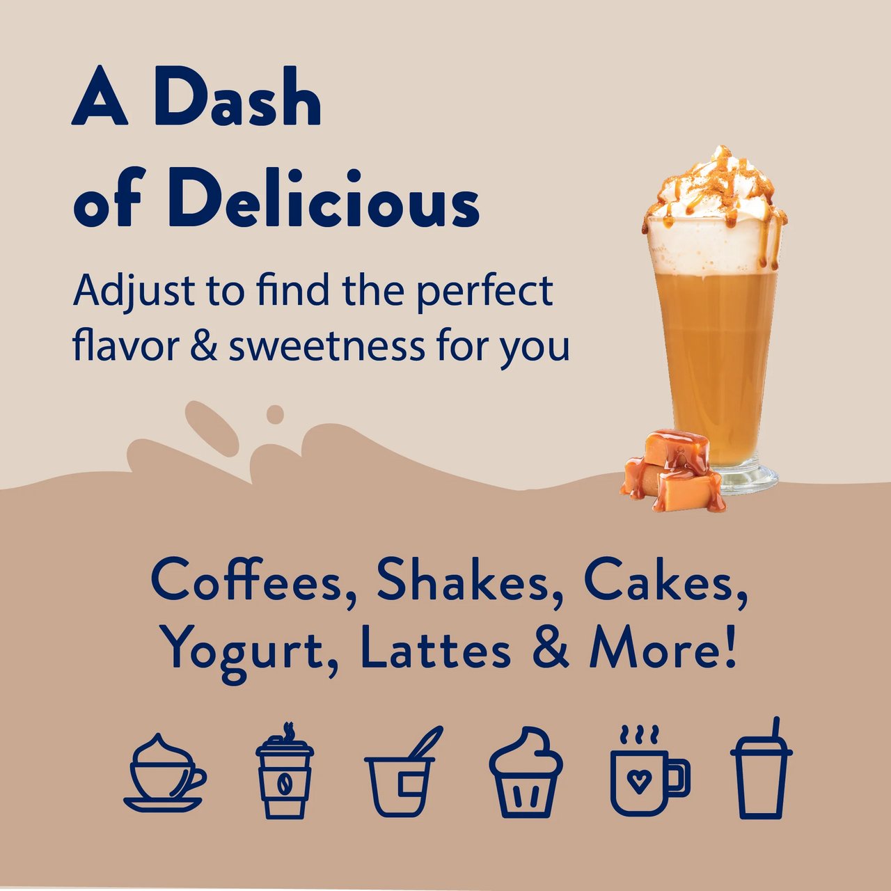 Promotional graphic featuring Caramel Macchiato Skinny Syrup – Barista Bliss in a Bottle ☕🍮✨ and text: A dash of delicious. Adjust for your perfect flavor & sweetness! Ideal for coffees, shakes, cakes, yogurt, lattes & more—with drink and dessert icons.