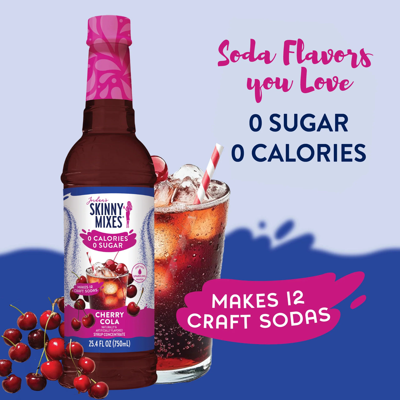 A bottle of Cherry Cola Skinny Syrup – Soda Shop Throwback, Zero Sugar 🍒🥤✨ next to a glass of cherry cola with ice and cherries. Text: “Soda flavors you love. 0 sugar, 0 calories. Makes 12 craft sodas.”.