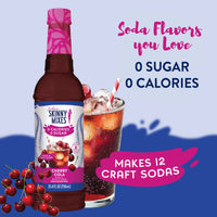 Thumbnail for A bottle of Cherry Cola Skinny Syrup – Soda Shop Throwback, Zero Sugar 🍒🥤✨ next to a glass of cherry cola with ice and cherries. Text: “Soda flavors you love. 0 sugar, 0 calories. Makes 12 craft sodas.”.