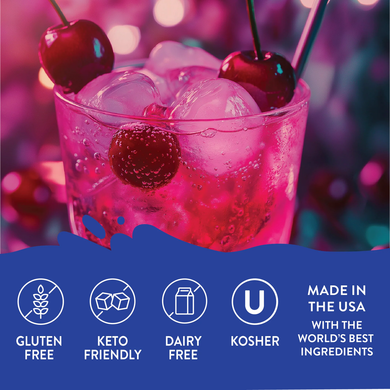 A pink iced drink with two cherries, made using Cherry Cola Skinny Syrup – Soda Shop Throwback, Zero Sugar. Set against a colorful blur. Icons show it’s gluten-free, keto-friendly, dairy-free, kosher, and made in the USA.