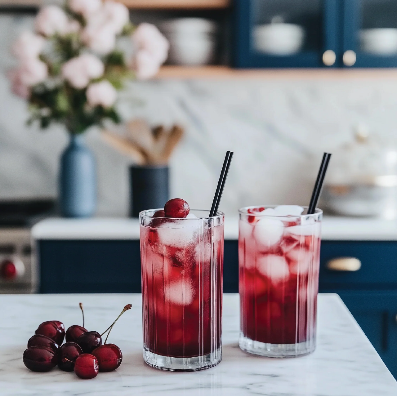 Two glasses of iced Cherry Cola Skinny Syrup – Soda Shop Throwback, Zero Sugar 🍒🥤✨ sit on a marble countertop with straws. Fresh cherries, blue cabinets, and pink flowers complete this keto-friendly scene.