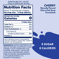 Thumbnail for Nutrition Facts label for Cherry Cola Skinny Syrup – Soda Shop Throwback, Zero Sugar 🍒🥤✨ features 0 calories, 0 sugar per serving, and Keto-Friendly ingredients. Label design is blue and white with bold text.