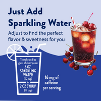 Thumbnail for A graphic of Cherry Cola Skinny Syrup – Soda Shop Throwback, Zero Sugar 🍒🥤✨ with cherries and a striped straw. Instructions: Just add 6 oz sparkling water + 2 oz syrup. Each serving has 16 mg caffeine.
