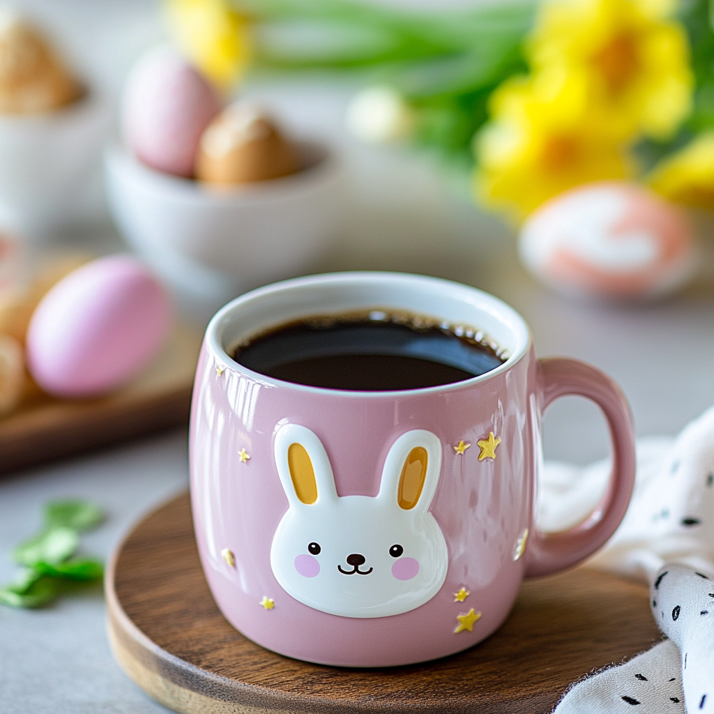 A pastel pink coffee mug with an adorable bunny face design sits on a wooden coaster, filled with freshly brewed Cadbunny coffee. In the softly blurred background, Easter decorations like pastel-colored eggs, yellow daffodils, and sweet treats create a festive springtime scene.