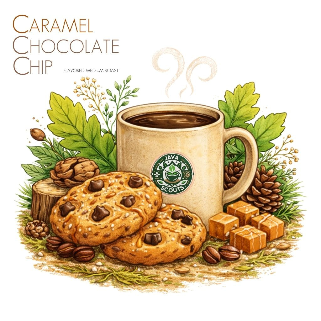 Illustration of a mug with a coffee bean logo, cookies, and coffee beans on a white background