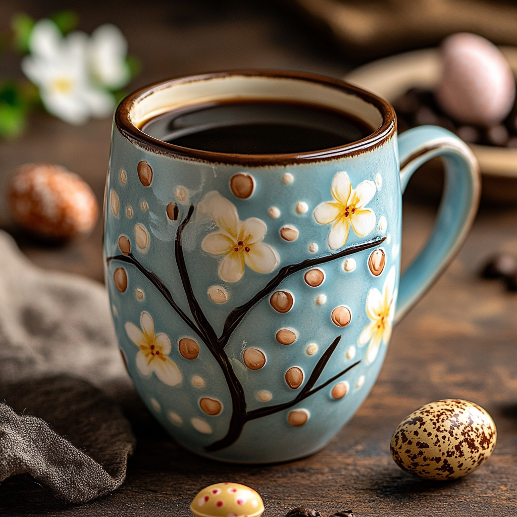 A beautifully handcrafted blue ceramic mug with a delicate floral and branch design sits filled with rich chocolate peanut butter egg coffee. Surrounding the mug are speckled chocolate eggs, coffee beans, and soft fabric, creating a warm and inviting springtime atmosphere.