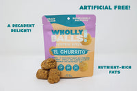 Thumbnail for A bag of El Churrito – Vanilla Cinnamon Almond Wholly Balls | Plant-Based Protein Snack stands upright with four bites in front. Text on the image highlights “Artificial Free!”, “A Decadent Delight!”, and “Gluten-Free Snack!”.
