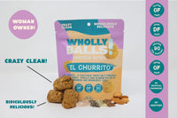 Thumbnail for A vibrant bag of El Churrito – Vanilla Cinnamon Almond Wholly Balls, a plant-based protein snack, stands upright with bites, nuts, and seeds in front. Crazy Clean! and Ridiculously Delicious! callouts and feature badges are visible.