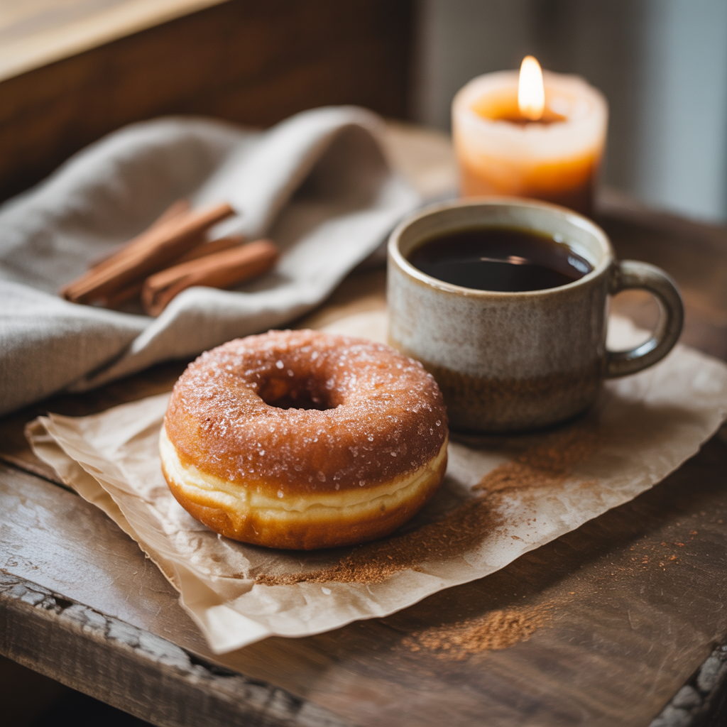A ceramic mug of CinnaSweet Cake Donut Flavored Coffee – Cinnamon Sugar & Vanilla Cake Blend sits on parchment paper next to a donut, with cinnamon sticks and a lit candle in the background on a rustic wooden table.