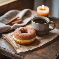 Thumbnail for A ceramic mug of CinnaSweet Cake Donut Flavored Coffee – Cinnamon Sugar & Vanilla Cake Blend sits on parchment paper next to a donut, with cinnamon sticks and a lit candle in the background on a rustic wooden table.